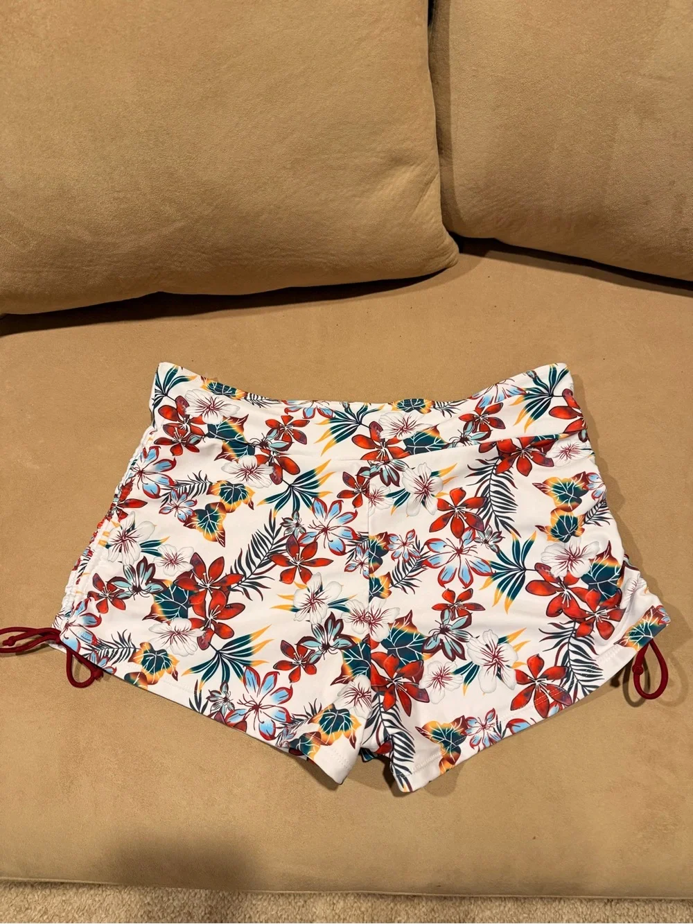 SHEIN White Floral Athletic Swim Shorts with Red & Green Print